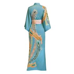 Peacock Kimono, Feather Kimono, Multicolor Silk Beachwear Kimono, Luxury Long Floral Print Robe, Silk Kimono Robe Kim+ono, Multicolor Long One-size Kimono, Beautiful Kimonos, Long Kimono, Women Nightwear