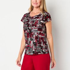 Expand your office wardrobe with this women�s top from Black Label by Evan-Picone. Cut for a regular fit and made from a geometric-print stretch-knit, this blouse features a cowl neck and short cap sleeves. Wear it with chinos or suit pants for a tailored look. Closure Type: Pullover HeadFit: Regular FitNeckline: Cowl NeckSleeve Length: Short SleeveSleeve Style: Cap SleeveApparel Length: 24.5 InchesFiber Content: 95% Polyester, 5% ElastaneFabric Description: KnitCare: Machine Wash, Line DryMater Multicolor Short Sleeve Tops For Work, Red Fitted Top For Workwear, Fitted Multicolor Top For Workwear, Red Stretch Top For Workwear, Red Stretch Tops For Work, Red Stretch Top For Work, Red Printed Tops For Work, Red Printed Tops For Workwear, Red Short Sleeve Blouse For Office