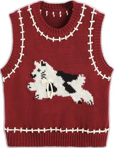 a red sweater with white and black dog on the front, it is knitted