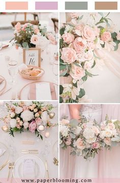 the wedding table is decorated with pink and white flowers