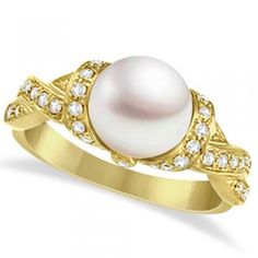 Freshwater Cultured Pearl & Diamond Ring 14k Yellow Gold .25ctw (8mm) Beautiful Promise Rings, Pearl Diamond Ring, Silver Pearl Ring, Sterling Silver Jewelry Rings, Pearl And Diamond Ring, Diamond Fashion Rings, Diamond Rings Bands, Pearl Diamond, Pearl Stud Earrings