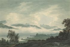 an image of a painting with clouds in the sky and trees on the hill side