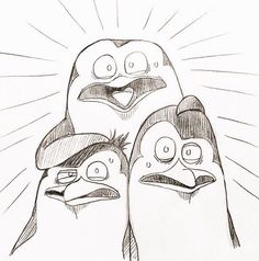 three penguins are standing next to each other and one is looking up at the sky