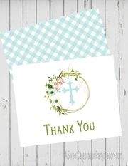 a thank you card with a cross on the front and a checkered tablecloth background