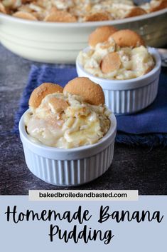 homemade banana pudding in small white dishes with text overlay