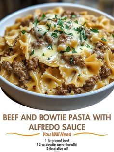 a bowl of beef and bowtie pasta with alfredo sauce is shown in this ad