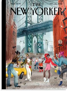 the new yorker magazine cover shows people walking in front of a bridge and cars