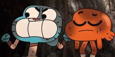 two cartoon characters holding hands with each other while standing in front of a tree trunk