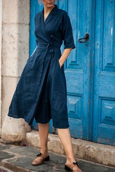 Linen Dress ATHENA Wrap Dress Linen Dress With Collar Midi - Etsy Summer Indigo Linen Dress, Blue Linen V-neck Dress, Elegant Blue Linen Midi Dress, Blue A-line Linen Midi Dress, Elegant Blue Knee-length Linen Dress, Solid Skirt, Marine Uniform, Midi Dress Style, Style Basic