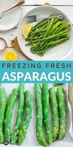 asparagus on a plate with lemons and other ingredients