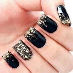 2. Black And Gold Glitter Nail Art #blacknails #beauty #trendypins Nail Art Black And Gold Glitter, Black And Gold Nail Designs Glitter, Black Gold Nails Designs, Matte Black Nails With Gold, Black And Gold Manicure, Party Nails Birthday, Name Nail Art, Black And Gold Nails Ideas, Black And Gold Glitter Nails