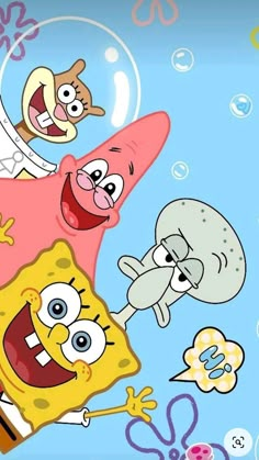 spongebob and other cartoon characters are flying through the air with bubbles around them