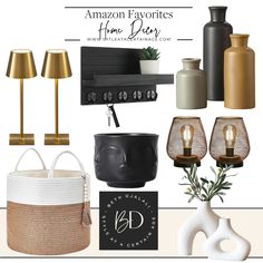 an assortment of home decor items including vases and lamps