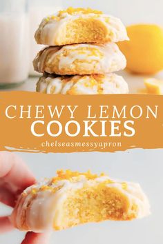 chewy lemon cookies with white frosting and orange sprinkles are stacked on top of each other