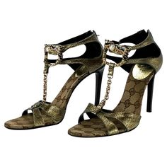 Check out this item from 1stdibs! F/W 2004 Gucci Tom Ford Gold Rhinestone Dragon GG Monogram Logo Heels Size 9B: https://www.1stdibs.com/id-v_15862772 Luxury High Heels With Gold-tone Hardware, Luxury Gold Leather Heels, Luxury High Heel Gold Heels, Luxury Gold High Heels, Dragon Heels, Gucci Dragon, Diamond Dragon, Tom Ford For Gucci, Tom Ford Leather