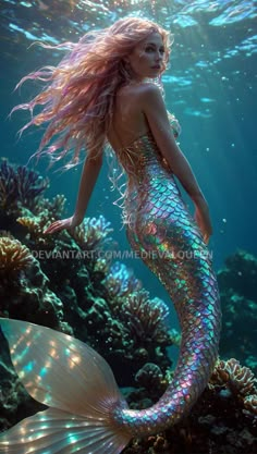 a beautiful mermaid with long hair standing in the water