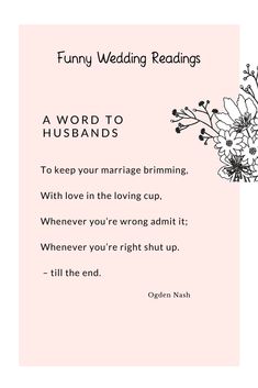 a wedding card with flowers on it and the words funny wedding readings written in black ink