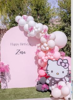 a hello kitty birthday party with balloons and decorations