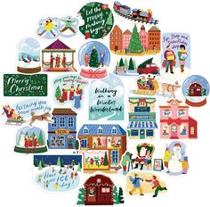 christmas stickers are arranged in the shape of a circle with people and buildings on it