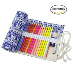 an assortment of colored pencils and markers in a case with white string on the side