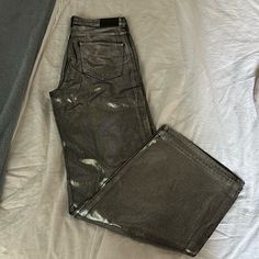 Zara Silver Metallic Pants Never Worn Size 8 Metallic Wide Leg Bottoms With Pockets, Trendy Metallic Wide Leg Jeans, Trendy Metallic Wide-leg Jeans, Metallic Straight Leg Pants With Five Pockets, Casual Metallic Bottoms With Pockets, Wide Leg Bottoms With Five Pockets For Night Out, Metallic Bottoms With Pockets For Fall, Trendy High Rise Metallic Bottoms, Zara Wide Leg Pants With Five Pockets