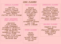 the ingredients for cake flavors are shown in pink and white text on a pink background