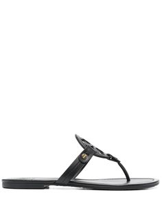 brown leather laser-cut detail logo patch to the front thong strap branded leather insole rubber outsole slip-on style Tory Burch Sandals Black, Chic Heels, Tory Burch Sandals, Leather Thong Sandals, Leather Sandals Flat, Leather Sandals Women, Tory Burch Miller, Tory Burch Miller Sandal, Sandals Black