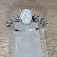 Gorgeous White Fire Opal Moon Cz Sterling Silver Plated Ring Opal Wedding Ring Silver, Opal Ring Silver, White Opal Ring, Opal Wedding Rings, Engagement Rings Opal, Silver Wedding Rings, Reference Poses, Plated Ring, White Opal