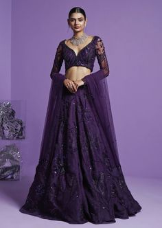 Stellar Purple Lehenga Set Dark Lehenga, Botas Outfit, Indian Bridal Couture, Purple Lehenga, Wine Colored Dresses, Organza Lehenga, Lehenga Designs Simple, Indian Bridal Lehenga, Vacuum Storage