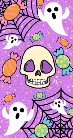 a purple background with skulls, fish and spider webs in the shape of a skull