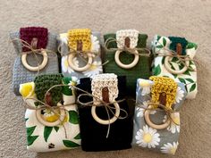 six small crocheted rings are tied together