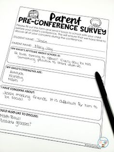 a parent's pre - conference survey is shown with a pen next to it