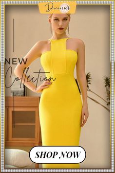 Knee Length Yellow Cocktail Bandage Dress Fitted Yellow Bodycon Dress For Evening, Yellow Bodycon Evening Dress, Yellow Fitted Bodycon Dress For Evening, Knee-length Bodycon Bandage Dress, Yellow Fitted Halter Neck Dress, Yellow Bodycon Sheath Dress, Yellow Sheath Bodycon Party Dress, Yellow Bodycon Dress For Evening, Bandage Midi Bodycon Dress