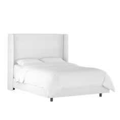 a bed with white linens and pillows on top of the headboard, in front of a white background