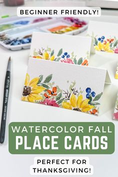 watercolor fall place cards for thanksgiving with text overlay that reads, beginner friendly watercolor fall place cards perfect for thanksgiving