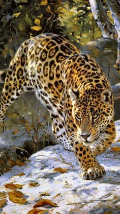 a painting of a leopard walking on snow covered ground with trees and leaves in the background