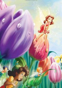 the little mermaid and her friends are in front of some giant purple flowers with green leaves