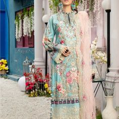 Pakistani Brand New 3 Piece Embroidered Dress With Full Embroidered Net Duppat Size Large Sobia Nazir, Pakistani Suits Online, Lawn Dress, Pakistani Salwar Kameez, Lawn Suits, Embroidered Neckline, Pakistani Dress Design, Pakistani Suits, Suit Fabric