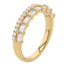 Add a touch of sparkle to your jewelry collection with this cubic zirconia-embellished SIRI USA by TJM gold tone ring. Add a touch of sparkle to your jewelry collection with this cubic zirconia-embellished SIRI USA by TJM gold tone ring. FEATURES Band width: 0.8 in. Shank style: stackable Band fit: comfort fit Nickel free Metal: sterling silver Plating: gold tone Finish: polished Packaging: boxedSTONE DETAILS Stone type: cubic zirconia Total weight: 5/8 ct. Shape: baguette cut Setting: prong Gem Gold Cubic Zirconia Ring With Baguette Cut, Gold Cubic Zirconia Half Eternity Diamond Ring, Yellow Gold Cubic Zirconia Ring With Sparkling Stones, Yellow Gold Rings With Sparkling Cubic Zirconia Stones, Cubic Zirconia Yellow Gold Diamond Ring, Yellow Gold Diamond Ring With Cubic Zirconia, Stackable Bands, Baguette Cut, Cubic Zirconia