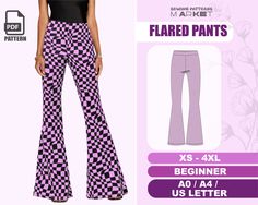 a woman in purple and black checkered pants with the text, flared pants xs - 4xl