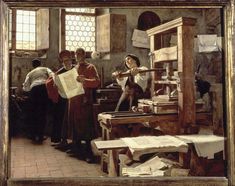 a painting of people working in an old fashioned sewing shop, with one woman holding a piece of paper