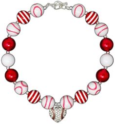 Red & White Heart Baseball Necklace - Sparkle in Pink Sporty White Jewelry For Game Day, Adjustable Red Personalized Necklace, Sporty Red Jewelry For Game Day, Heart Baseball, Baseball Necklace, Sparkle In Pink, White Heart, Shell Beads, White Beads