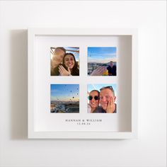 three photos in a white frame with the words hannah and william