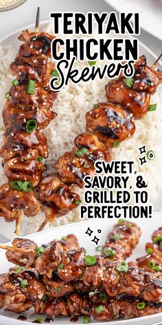 chicken skewers served over rice on a white plate with the words teriyaki chicken skewers above it