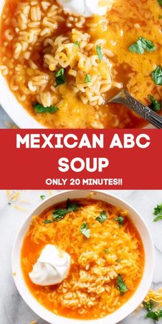 two bowls of mexican abc soup, one with noodles and the other with sour cream