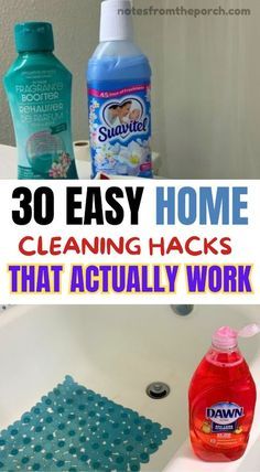 the words 30 easy home cleaning hacks that actually work in front of a bathtub