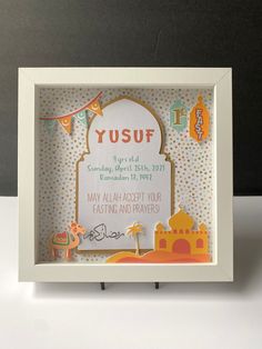 this is an image of a baby's first birthday card with the name yusuf on it