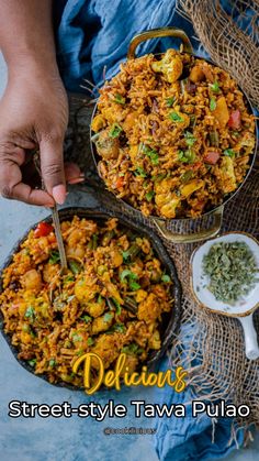 a person is cutting into some food on a plate with other dishes around it and the words delicious street style tawa pula