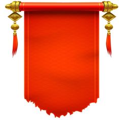 an orange banner with gold trim and tassels hanging from it's sides