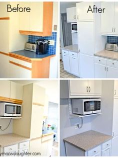 four different pictures show the same kitchen before and after remodeling with white cabinets